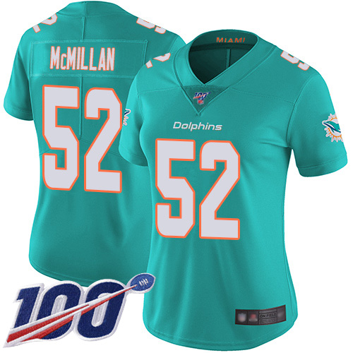 Miami Dolphins #52 Raekwon McMillan Aqua Green Team Color Women's Stitched 100th Season Vapor Limited Jersey Womens