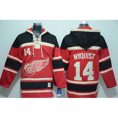 Detroit Red Wings #14 Gustav Nyquist Red Sawyer Hooded Sweatshirt Stitched Jersey Men's