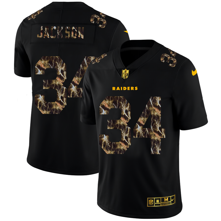Las Vegas Raiders #34 Bo Jackson Men's Black Flocked Lightning Vapor Limited Jersey