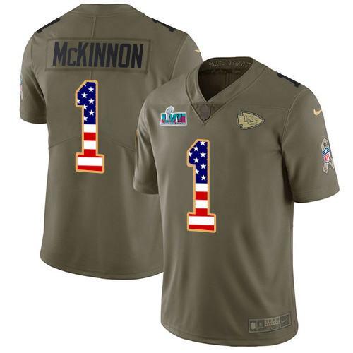Chiefs #1 Jerick McKinnon Olive/USA Flag Super Bowl LVII Patch Youth Stitched Limited 2017 Salute To Service Jersey