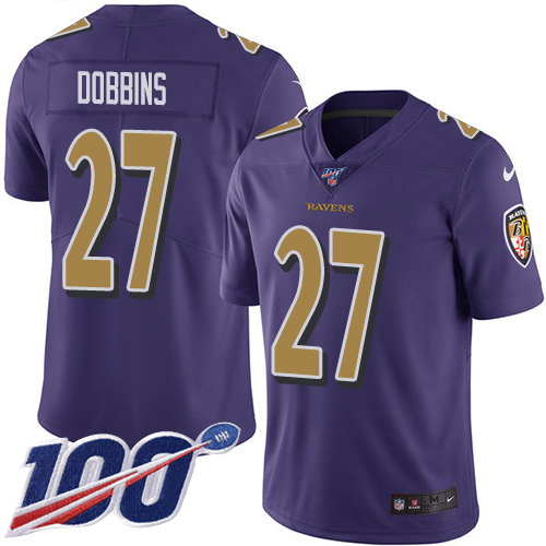 Baltimore Ravens #27 J.K. Dobbins Purple Men's Stitched Limited Rush 100th Season Jersey Men's