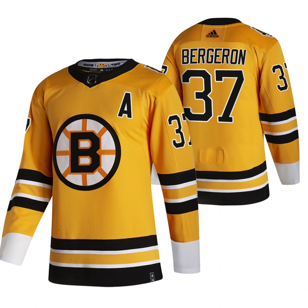 Boston Bruins #37 Patrice Bergeron Yellow Men's Adidas 2020-21 Reverse Retro Alternate Jersey