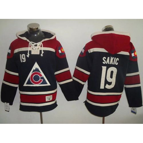 Colorado Avalanche #19 Joe Sakic Navy Blue Sawyer Hooded Sweatshirt Stitched Jersey Men's