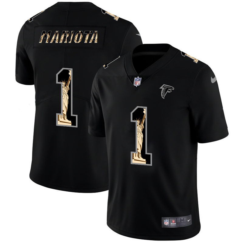 Atlanta Falcons #1 Marcus Mariota Men's Carbon Black Vapor Statue Of Liberty Limited Jersey