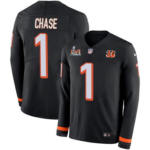 Bengals #1 Ja'Marr Chase Black Team Color Super Bowl LVI Patch Youth Stitched Limited Therma Long Sleeve Jersey