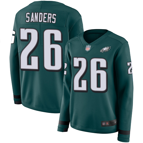 Eagles #26 Miles Sanders Midnight Green Team Color Women's Stitched Limited Therma Long Sleeve Jersey