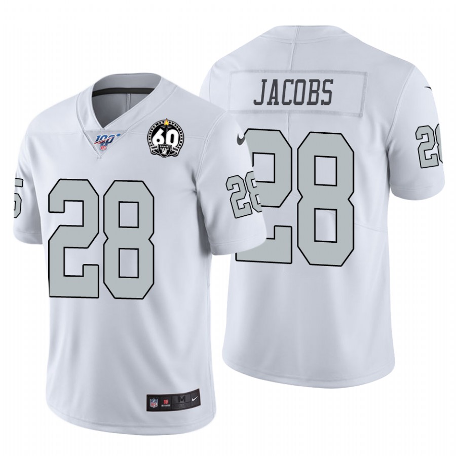 Raiders #28 Josh Jacobs White 60th Anniversary Patch Men's Stitched 100 Limited Color Rush Jersey