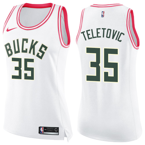Milwaukee Bucks #35 Mirza Teletovic White/Pink Womens Swingman Fashion Jersey Womens