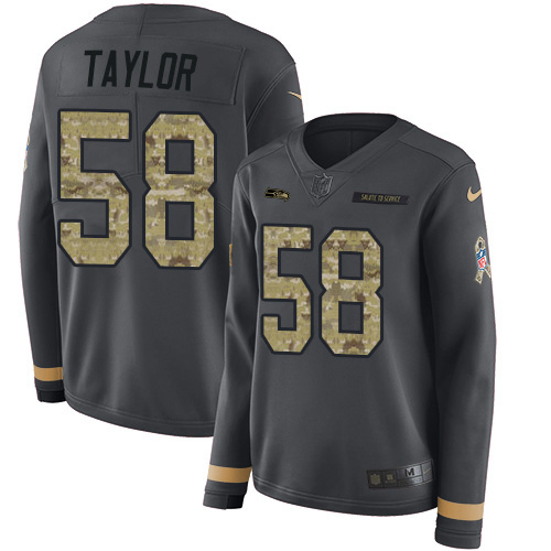 Seattle Seahawks #58 Darrell Taylor Anthracite Salute to Service Women's Stitched Limited Therma Long Sleeve Jersey Womens