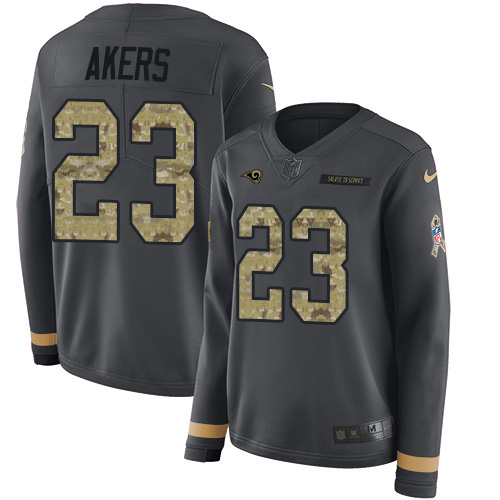 Los Angeles Rams #23 Cam Akers Anthracite Salute to Service Women's Stitched Limited Therma Long Sleeve Jersey Womens