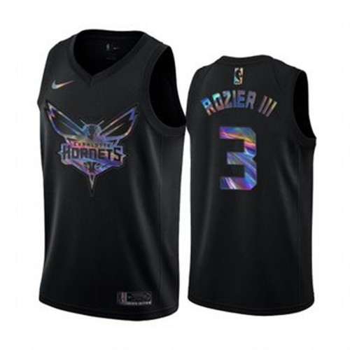 Charlotte Hornets #3 Terry Rozier III Mens Iridescent Holographic Collection Jersey - Black Mens