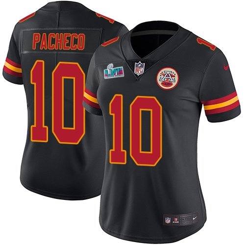 Chiefs #10 Isiah Pacheco Black Super Bowl LVII Patch Women's Stitched Limited Rush Jersey