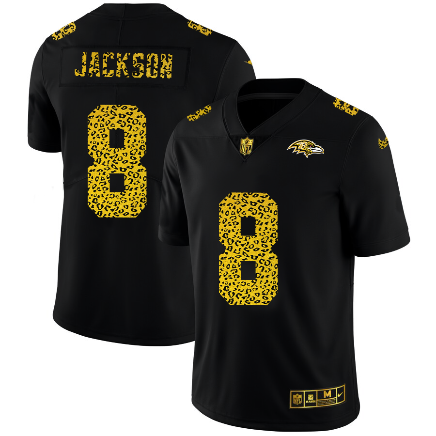 Baltimore Ravens #8 Lamar Jackson Men's Leopard Print Fashion Vapor Limited Jersey Black