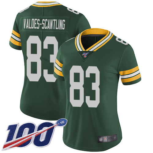 Green Bay Packers #83 Marquez Valdes-Scantling Green Team Color Women's Stitched 100th Season Vapor Limited Jersey Womens