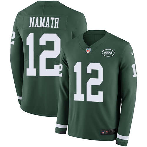 Jets #12 Joe Namath Green Team Color Men's Stitched Limited Therma Long Sleeve Jersey
