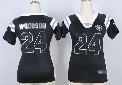 Raiders #24 Charles Woodson Black Team Color Women's Stitched Elite Draft Him Shimmer Jersey