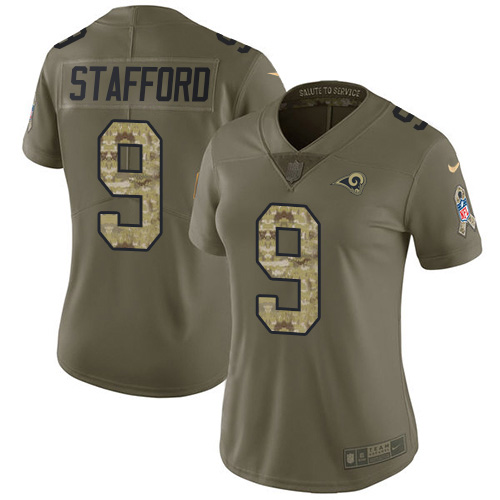 Los Angeles Rams #9 Matthew Stafford Olive/Camo Women's Stitched Limited 2017 Salute To Service Jersey