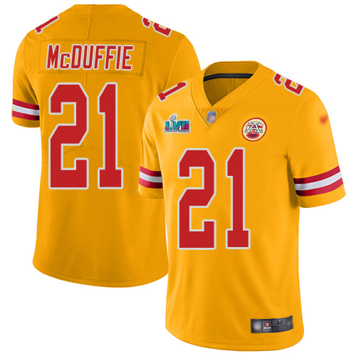 Chiefs #21 Trent McDuffie Gold Super Bowl LVII Patch Youth Stitched Limited Inverted Legend Jersey