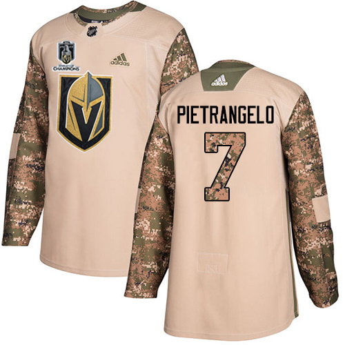 Adidas Golden Knights #7 Alex Pietrangelo Camo Authentic Youth 2023 Stanley Cup Champions Veterans Day Stitched Jersey