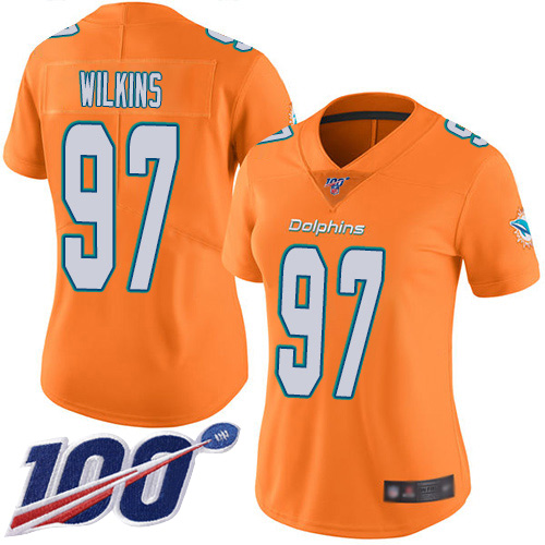 Miami Dolphins #97 Christian Wilkins Orange Women's Stitched Limited Rush 100th Season Jersey Womens