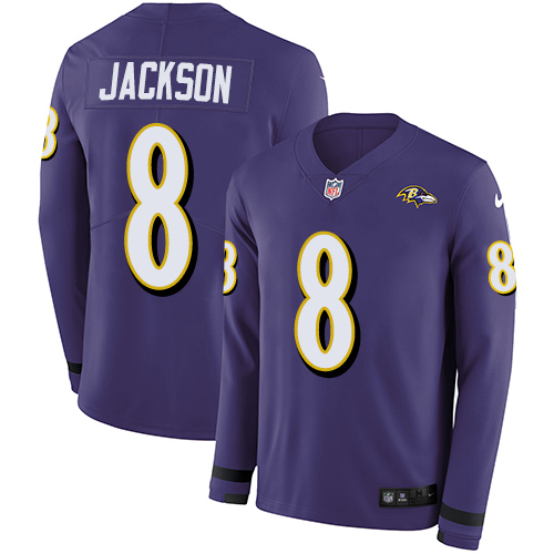 Ravens #8 Lamar Jackson Purple Team Color Men's Stitched Limited Therma Long Sleeve Jersey