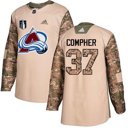 Adidas Colorado Avalanche #37 J.T. Compher Camo Youth 2022 Stanley Cup Final Patch Authentic Veterans Day Stitched Jersey Youth