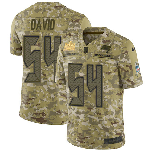 Buccaneers #54 Lavonte David Camo Youth Super Bowl LV Champions Patch Stitched Limited 2018 Salute To Service Jersey