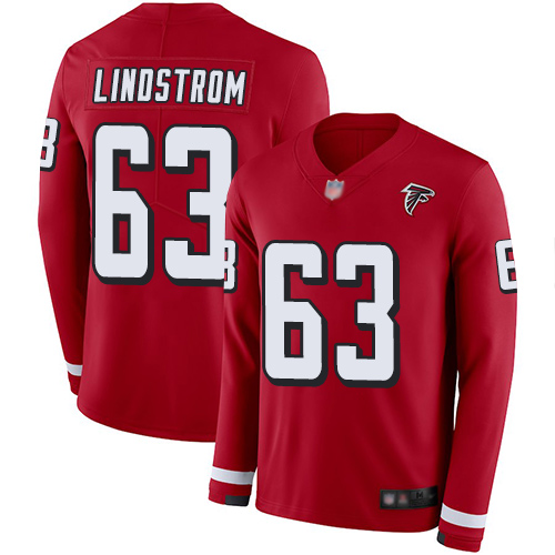 Atlanta Falcons #63 Chris Lindstrom Red Team Color Men's Stitched Limited Therma Long Sleeve Jersey Men's