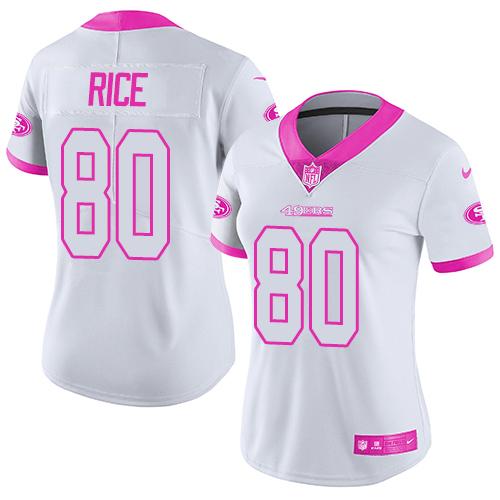 49ers #80 Jerry Rice White/Pink Women's Stitched Limited Rush Fashion Jersey