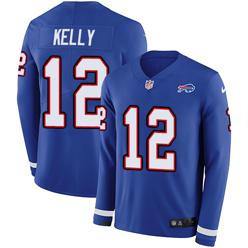 Bills #12 Jim Kelly Royal Blue Team Color Men's Stitched Limited Therma Long Sleeve Jersey