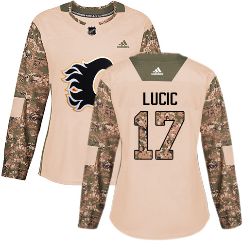 Adidas Calgary Flames #17 Milan Lucic Camo Authentic 2017 Veterans Day Women's Stitched Jersey Womens