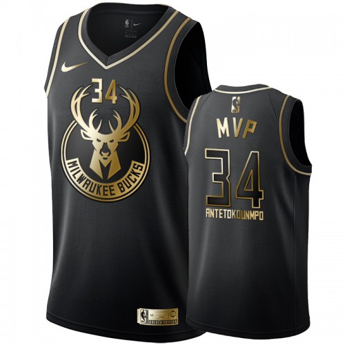 Milwaukee Bucks #34 Giannis Antetokounmpo 2019 MVP Black Golden Edition Jersey Mens