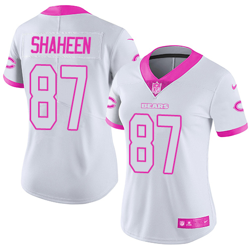 Chicago Bears #87 Adam Shaheen White/Pink Women's Stitched Limited Rush Fashion Jersey Womens
