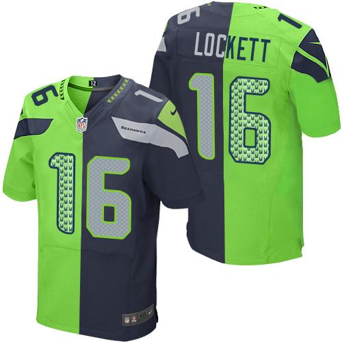 Seahawks #16 Tyler Lockett Steel Blue/Green Men's Stitched Elite Split Jersey