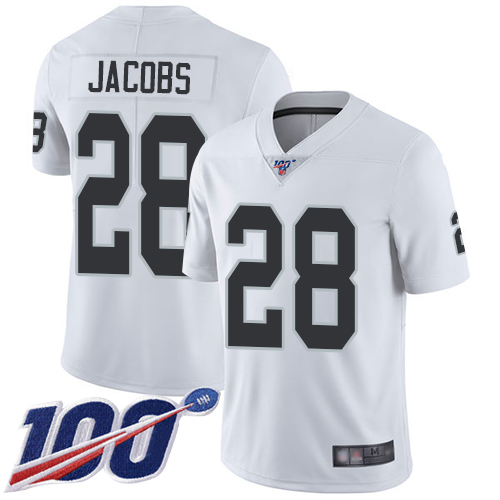 Raiders #28 Josh Jacobs White Youth Stitched 100th Season Vapor Limited Jersey