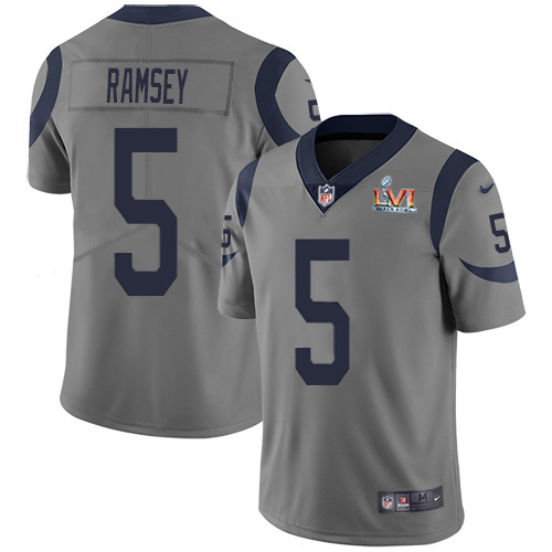 Rams #5 Jalen Ramsey Gray Super Bowl LVI Patch Men's Stitched Limited Inverted Legend Jersey