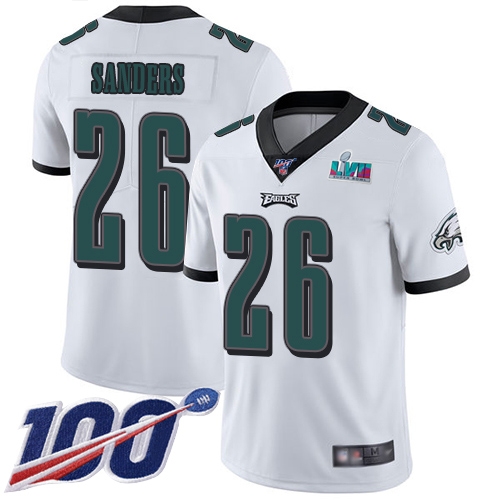 Eagles #26 Miles Sanders White Super Bowl LVII Patch Men's Stitched 100th Season Vapor Limited Jersey