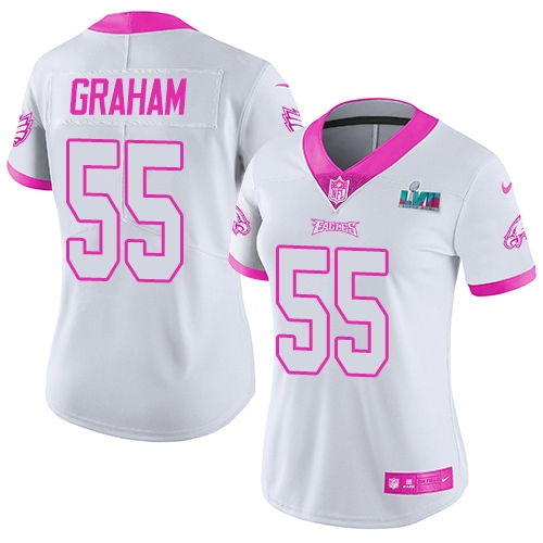 Eagles #55 Brandon Graham White/Pink Super Bowl LVII Patch Women's Stitched Limited Rush Fashion Jersey