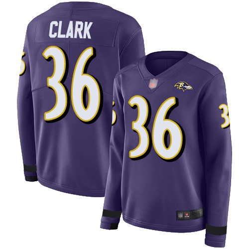 Baltimore Ravens #36 Chuck Clark Purple Team Color Women's Stitched Limited Therma Long Sleeve Jersey Womens