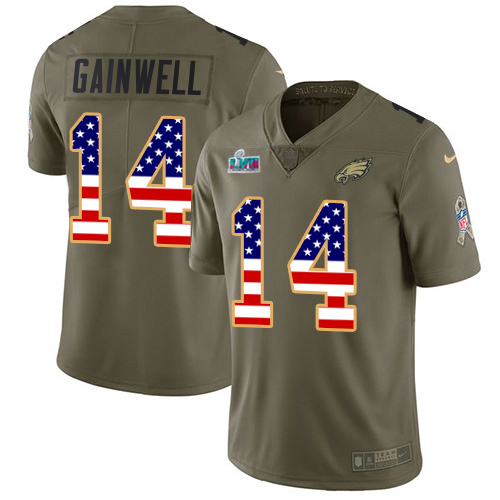 Eagles #14 Kenneth Gainwell Olive/USA Flag Super Bowl LVII Patch Men's Stitched Limited 2017 Salute To Service Jersey