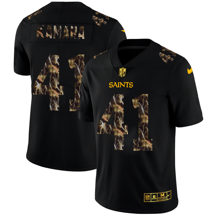 New Orleans Saints #41 Alvin Kamara Men's Black Flocked Lightning Vapor Limited Jersey