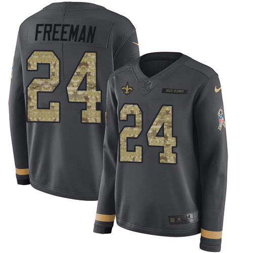 New Orleans Saints #24 Devonta Freeman Anthracite Salute to Service Women's Stitched Limited Therma Long Sleeve Jersey Womens