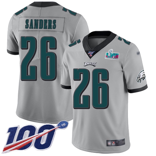 Eagles #26 Miles Sanders Silver Super Bowl LVII Patch Youth Stitched Limited Inverted Legend 100th Season Jersey