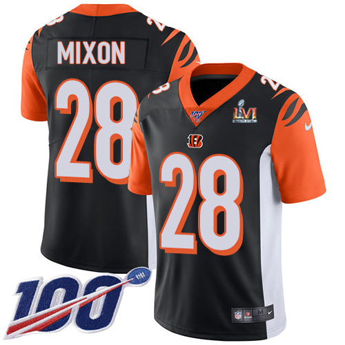 Bengals #28 Joe Mixon Black Team Color Super Bowl LVI Patch Youth Stitched 100th Season Vapor Limited Jersey