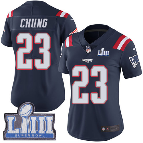 New England Patriots #23 Patrick Chung Navy Blue Super Bowl LIII Bound Women's Stitched Limited Rush Jersey Womens