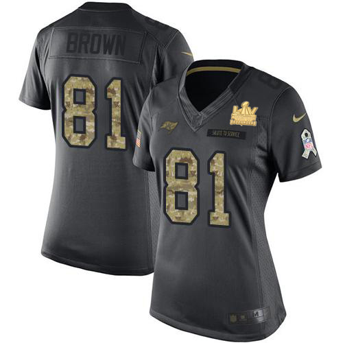 Tampa Bay Buccaneers #81 Antonio Brown Black Women's Super Bowl LV Champions Patch Stitched Limited 2016 Salute to Service Jersey Womens