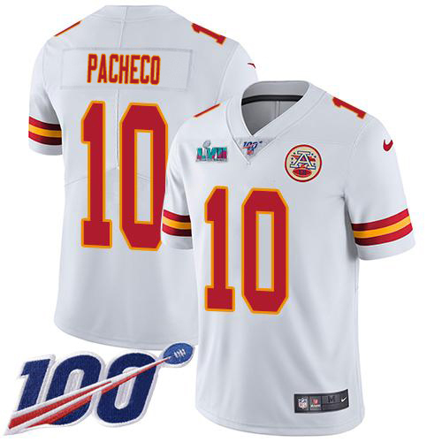 Chiefs #10 Isiah Pacheco White Super Bowl LVII Patch Men's Stitched 100th Season Vapor Limited Jersey