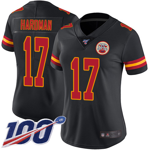 Kansas City Chiefs #17 Mecole Hardman Black Women's Stitched Limited Rush 100th Season Jersey Womens