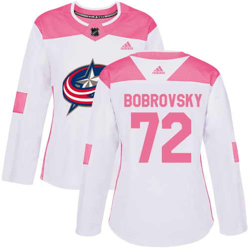 Adidas Columbus Blue Jackets #72 Sergei Bobrovsky White/Pink Authentic Fashion Women's Stitched Jersey Womens