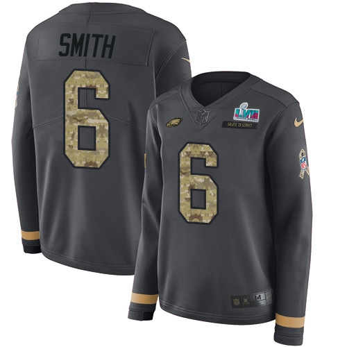 Eagles #6 DeVonta Smith Anthracite Super Bowl LVII Patch Salute To Service Women's Stitched Limited Therma Long Sleeve Jersey